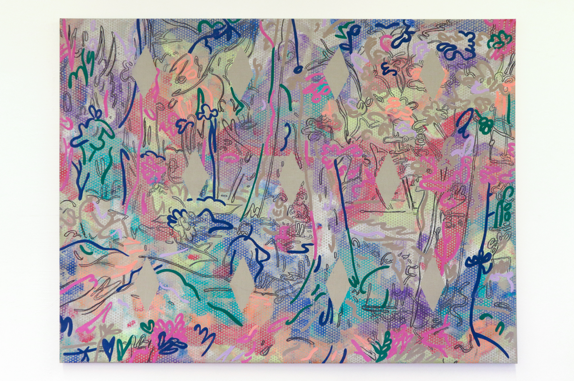 Vera Gulikers, Threadingdoek: Rock Creek Park, Lois Mailou Jones, 2024, 250 x 190 cm, flock-en puff-inkt op linnen